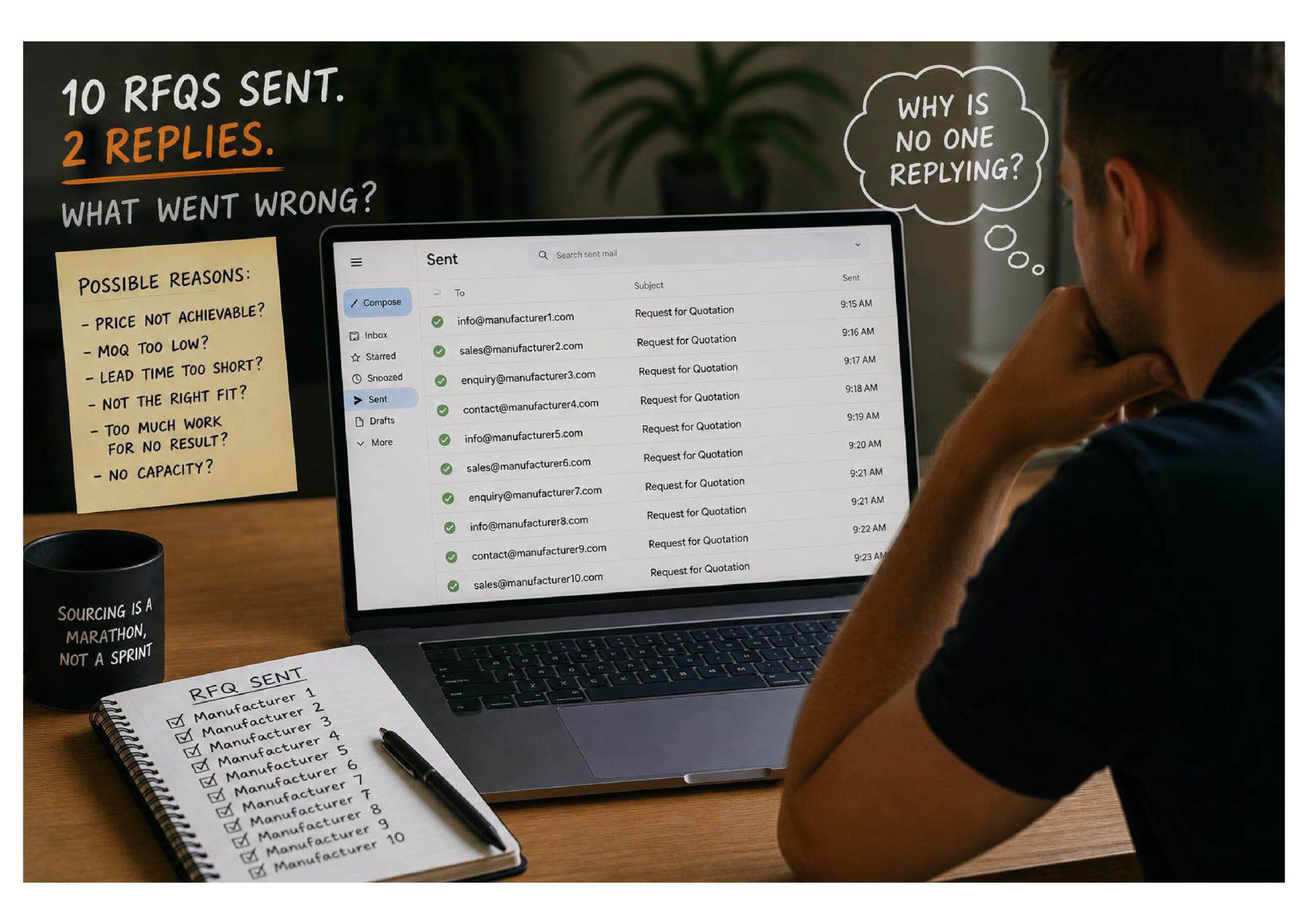 Buyer reviewing manufacturer RFQ replies on a laptop